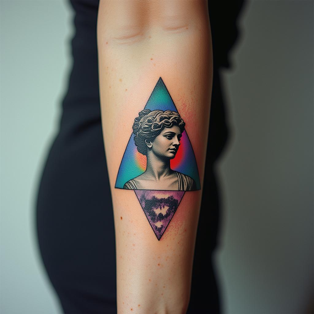 Simple triangle with a line throughin distorted and fragmented tattoo design, featuring a classical statue bust, in a glitch art style with vibrant, overlapping colors of cyan, magenta, and yellow, creating a digital distortion effect - Variation 5
