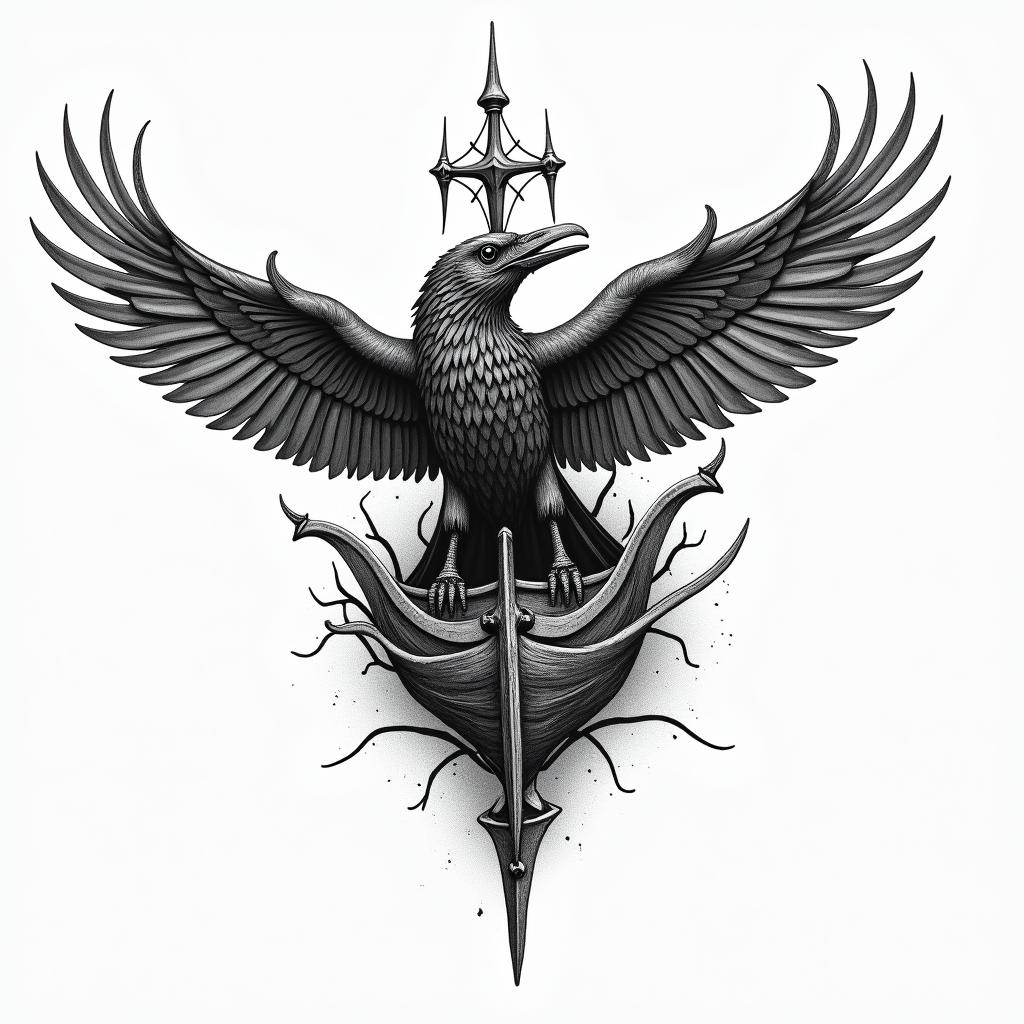 Raven Viking shipshigly detailed tattoo - Variation 7