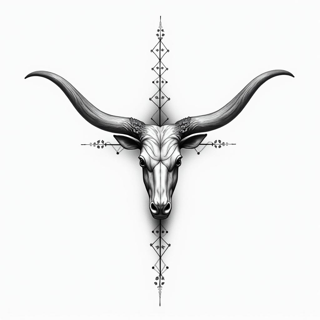 Cross with Texas long horns behind the crossin minimalist style tattoo, featuring simple shapes and fine lines, with minimal shading and details, tiny triangles, creating a sense of balance and harmony - Variation 4