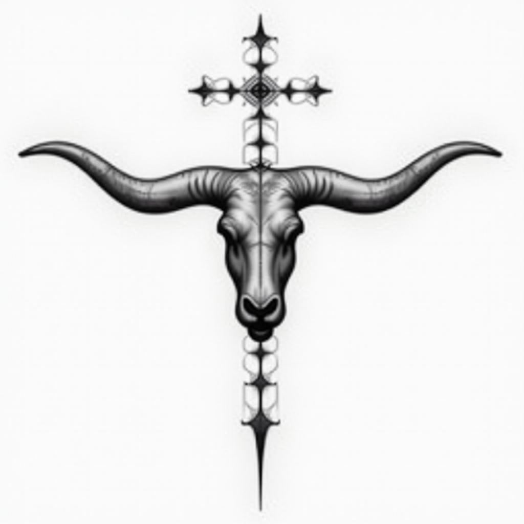 Cross with Texas long horns behind the crossin minimalist style tattoo, featuring simple shapes and fine lines, with minimal shading and details, tiny triangles, creating a sense of balance and harmony - Variation 2