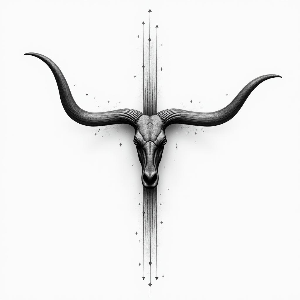 Cross with Texas long horns behind the crossin minimalist style tattoo, featuring simple shapes and fine lines, with minimal shading and details, tiny triangles, creating a sense of balance and harmony - Variation 3