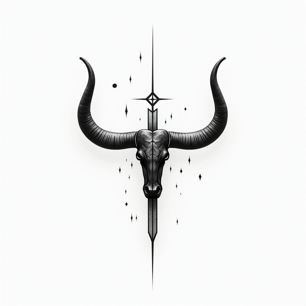 Cross with Texas long horns behind the crossin minimalist style tattoo, featuring simple shapes and fine lines, with minimal shading and details, tiny triangles, creating a sense of balance and harmony