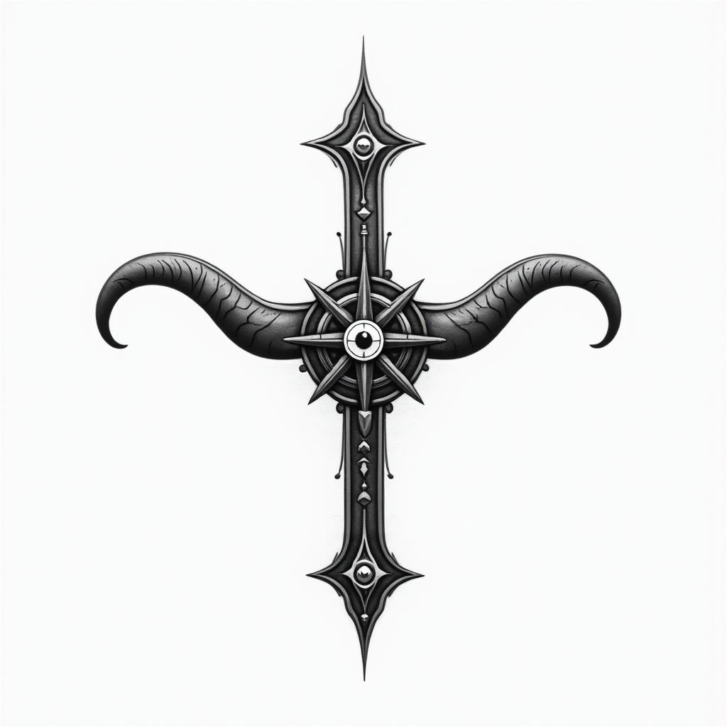 Cross with Texas long horns behind the crossin spiritual symbols tattoo style, featuring an intricate design incorporating elements, Hamsa hand, third eye, minimalist composition