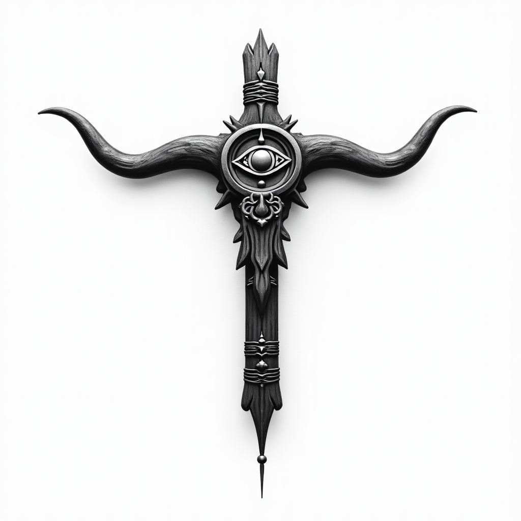 Cross with Texas long horns behind the crossin spiritual symbols tattoo style, featuring an intricate design incorporating elements, Hamsa hand, third eye, minimalist composition - Variation 2