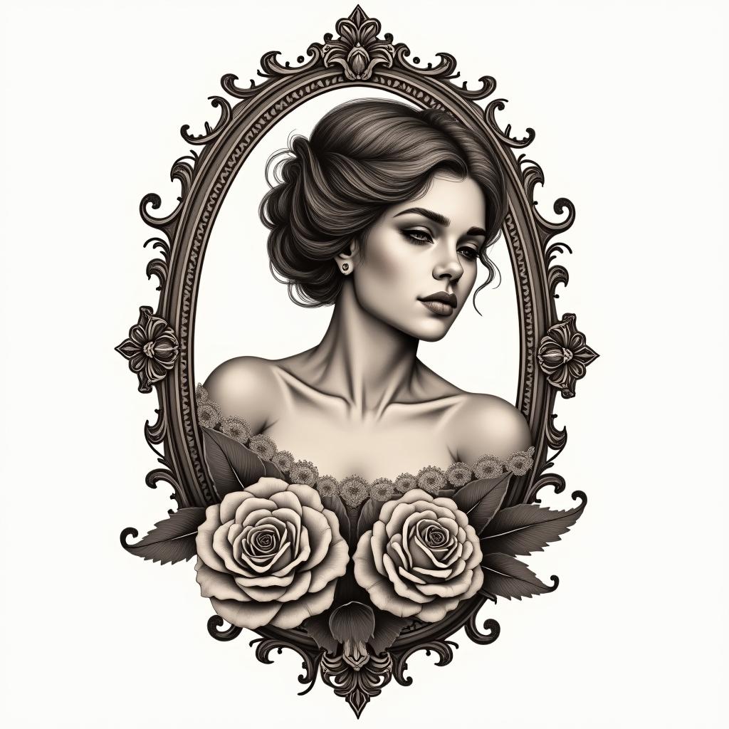 Librain victorian style tattoo, featuring vintage and elegant elements, ornate frames, roses, antique, sepia-toned color scheme - Variation 2