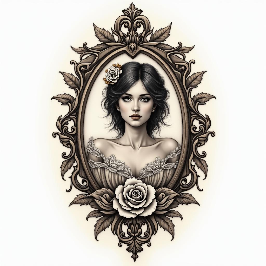 Librain victorian style tattoo, featuring vintage and elegant elements, ornate frames, roses, antique, sepia-toned color scheme