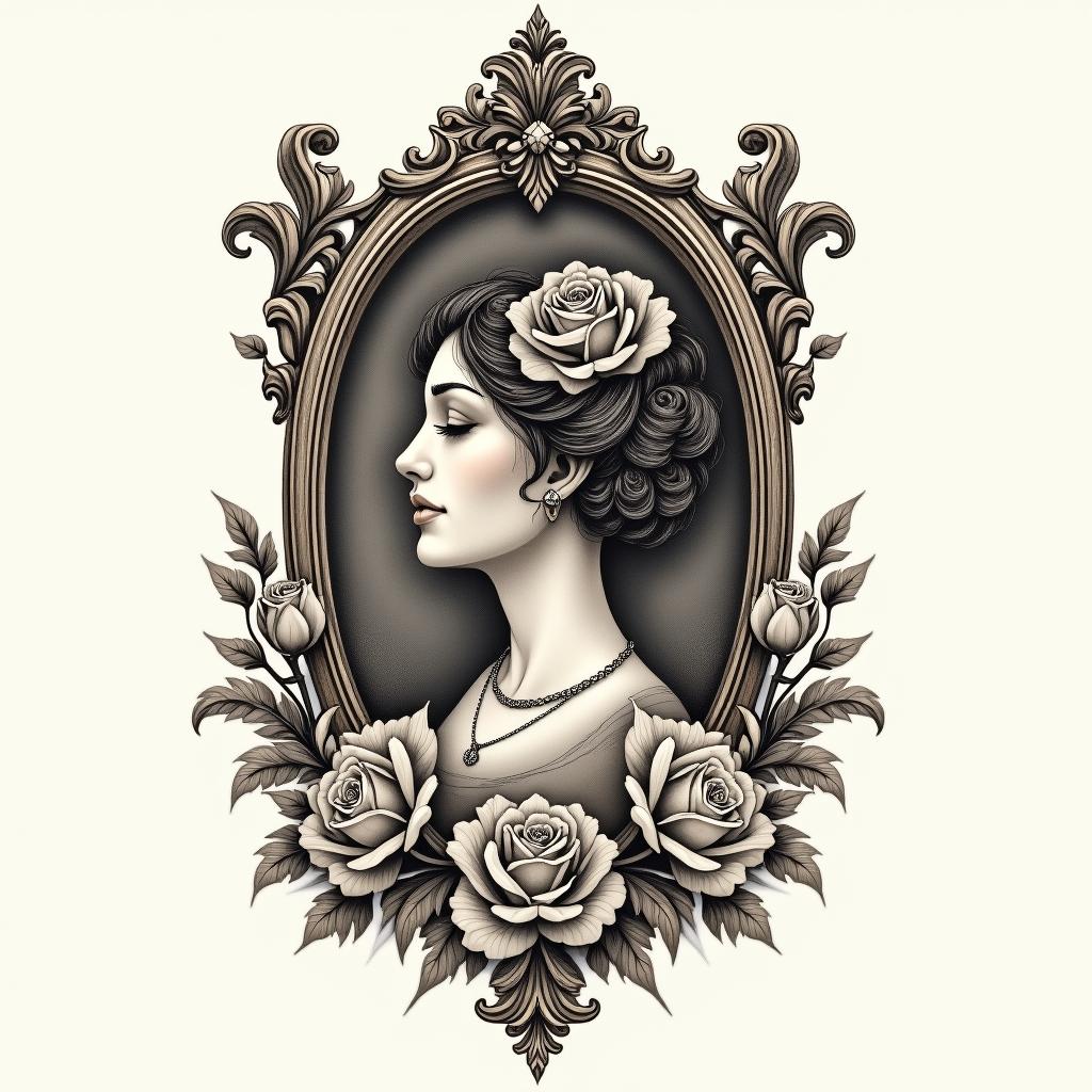 Librain victorian style tattoo, featuring vintage and elegant elements, ornate frames, roses, antique, sepia-toned color scheme - Variation 4