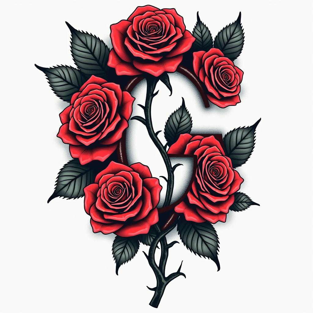 Thigh tattoo rose and thorn in the shape of a G but hiddenin pop art style tattoo, featuring bold and vibrant colors, exaggerated outlines, iconic imagery, inspired by comic books and speech bubbles, comic book characters, retro pop culture - Variation 4