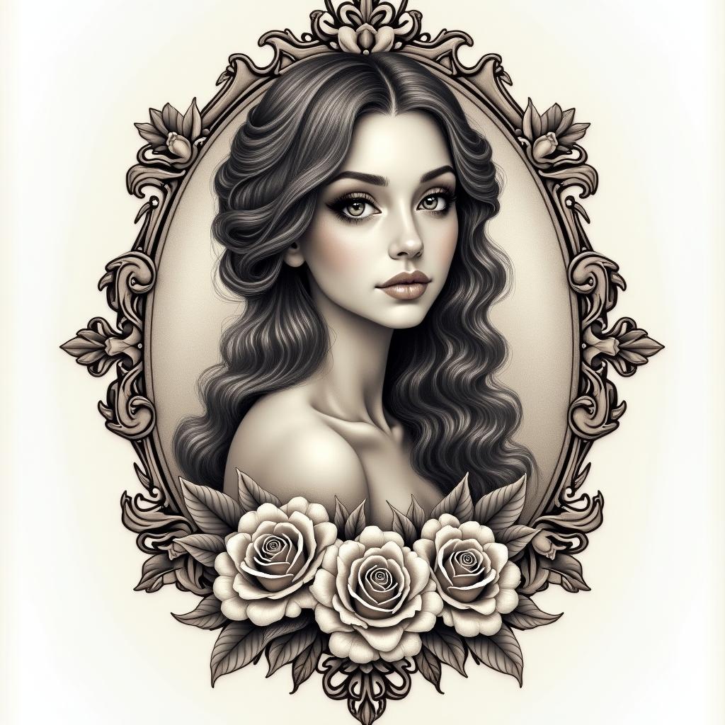 Keishawnna, creative, Pisces, boss, ceo, money,in victorian style tattoo, featuring vintage and elegant elements, ornate frames, roses, antique, sepia-toned color scheme - Variation 4