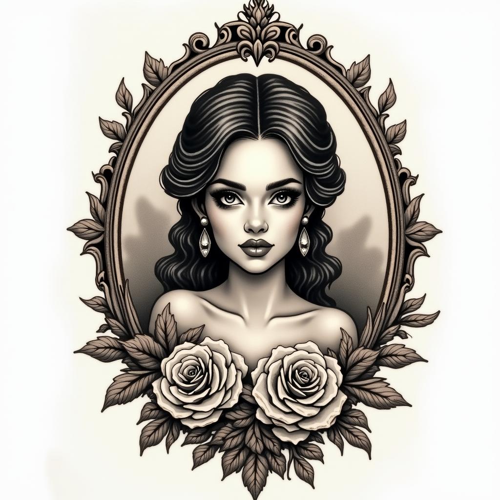 Keishawnna, creative, Pisces, boss, ceo, money,in victorian style tattoo, featuring vintage and elegant elements, ornate frames, roses, antique, sepia-toned color scheme - Variation 2