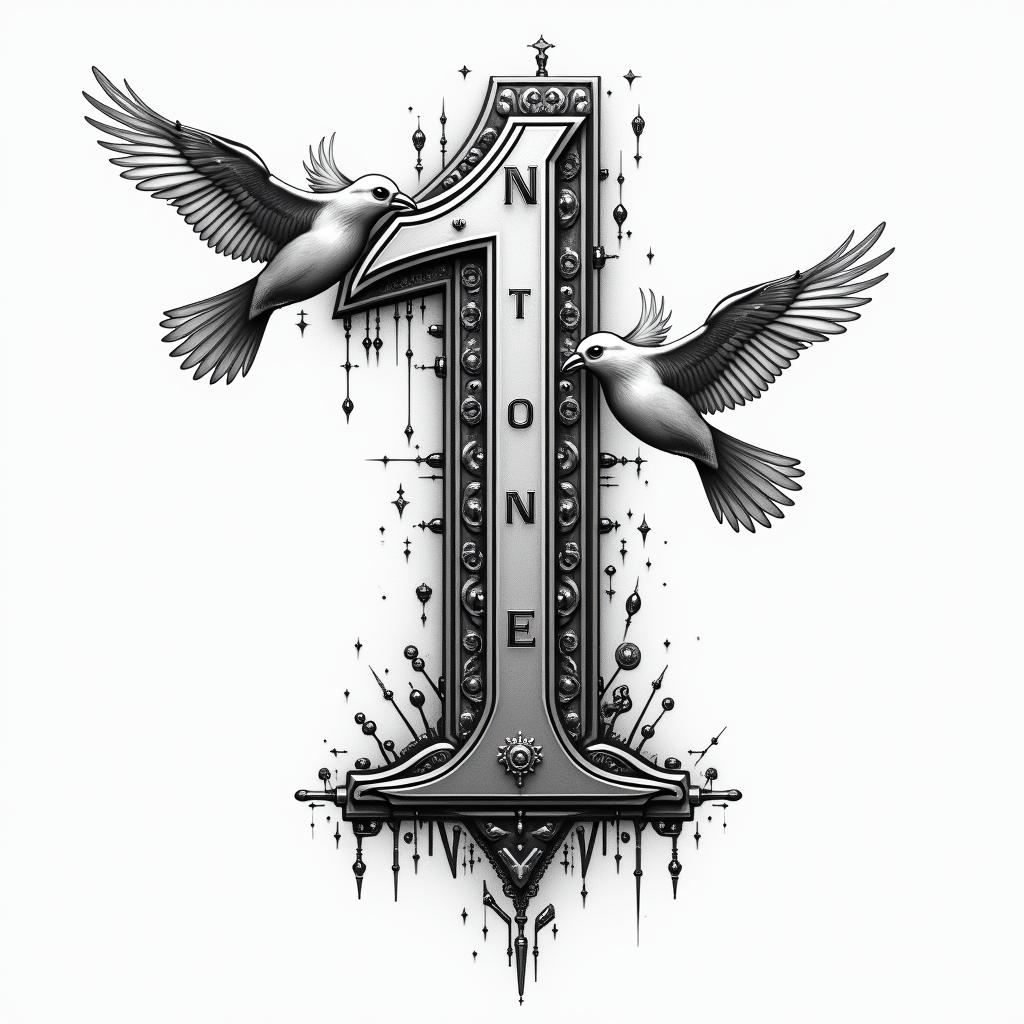 Birds flying between number one carry a letter in their beak.tattoo in biomechanic style, the tattoo covered by robotic elements of futuristic cyberpunk design, robotic features detail, showcasing intricate mechanical components - Variation 3