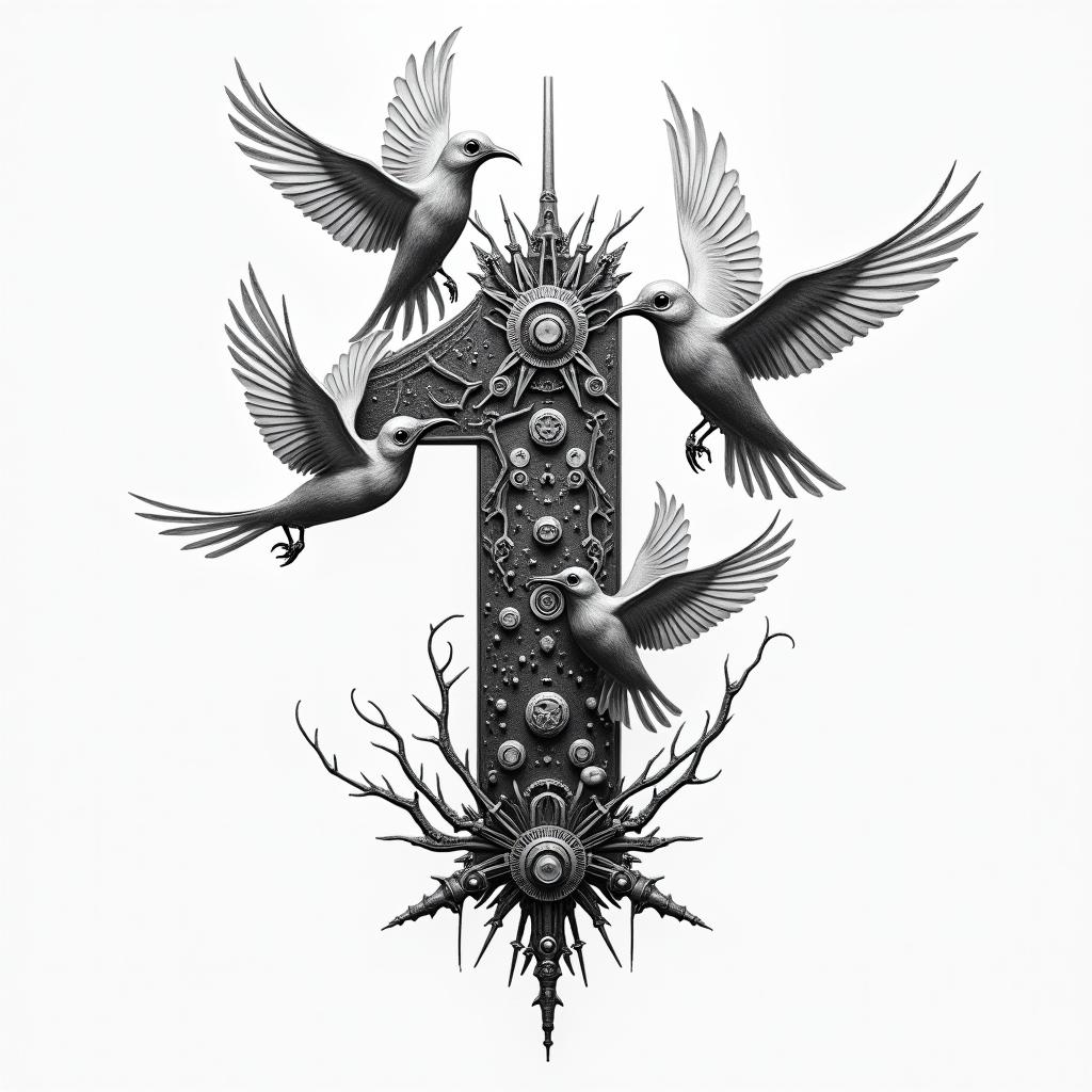 Birds flying between number one carry a letter in their beak.tattoo in biomechanic style, the tattoo covered by robotic elements of futuristic cyberpunk design, robotic features detail, showcasing intricate mechanical components - Variation 2