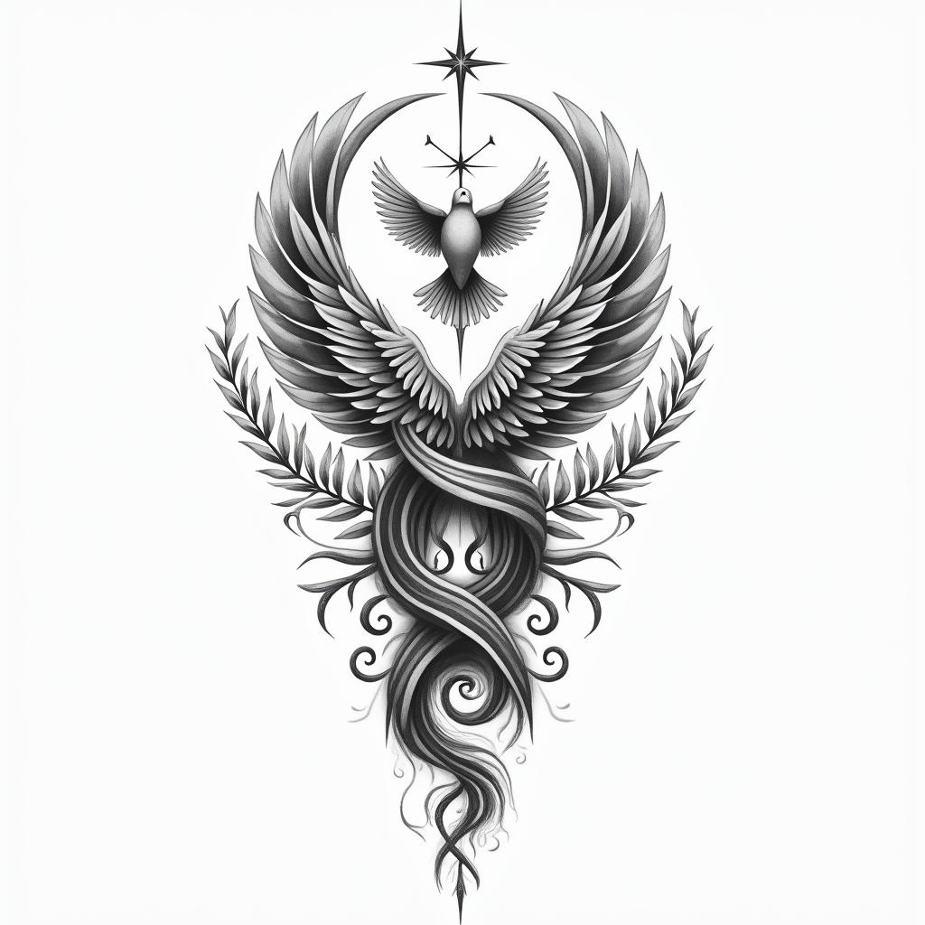 A powerful tattoo design featuring the words "Zavaongo" and "Amadayar" intertwined, symbolizing the love and connection with children, along with a delicate depiction of a dove representing faith and salvation. The overall aesthetic should convey strength, resilience, and the profound bond of motherhood and devotion to God.higly detailed tattoo - Variation 3