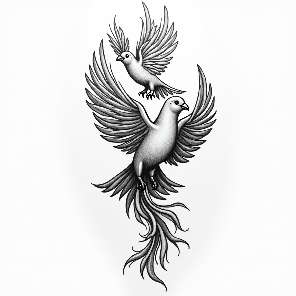 A powerful tattoo design featuring the words "Zavaongo" and "Amadayar" intertwined, symbolizing the love and connection with children, along with a delicate depiction of a dove representing faith and salvation. The overall aesthetic should convey strength, resilience, and the profound bond of motherhood and devotion to God.higly detailed tattoo - Variation 2