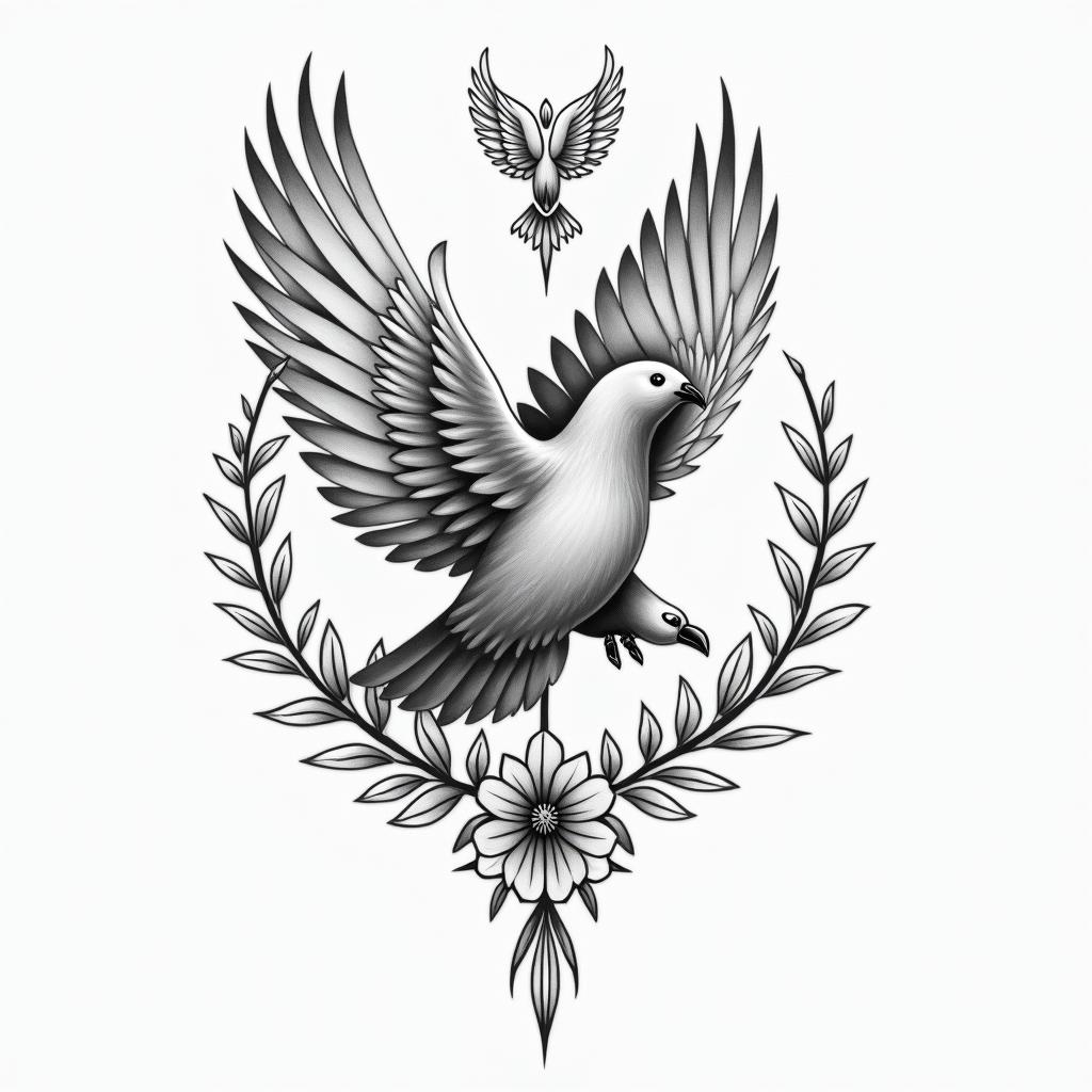 A powerful tattoo design featuring the words "Zavaongo" and "Amadayar" intertwined, symbolizing the love and connection with children, along with a delicate depiction of a dove representing faith and salvation. The overall aesthetic should convey strength, resilience, and the profound bond of motherhood and devotion to God.higly detailed tattoo