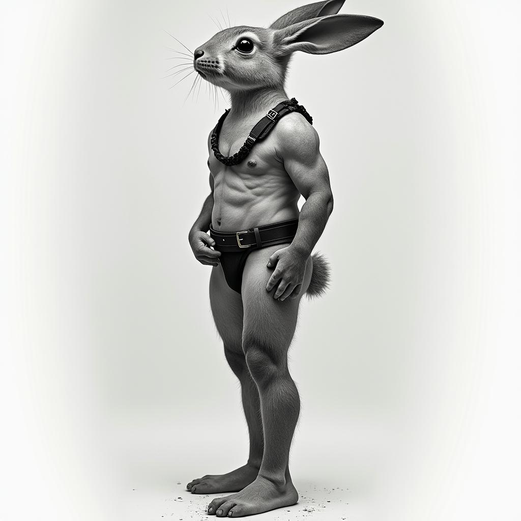 anthropomorphic bunny, standing up with Harness onhigly detailed tattoo - Variation 7