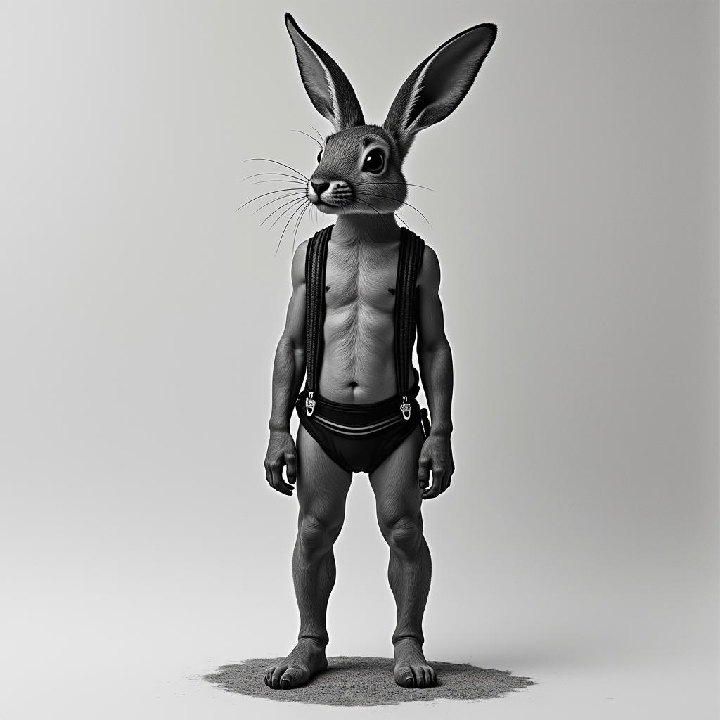 anthropomorphic bunny, standing up with Harness onhigly detailed tattoo - Variation 6