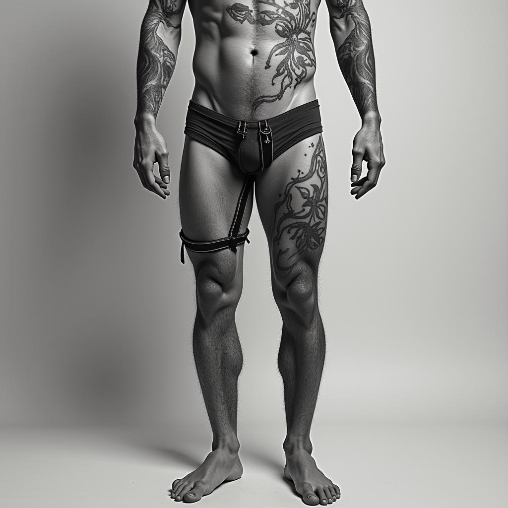 anthropomorphic bunny, standing up with Harness onhigly detailed tattoo - Variation 5