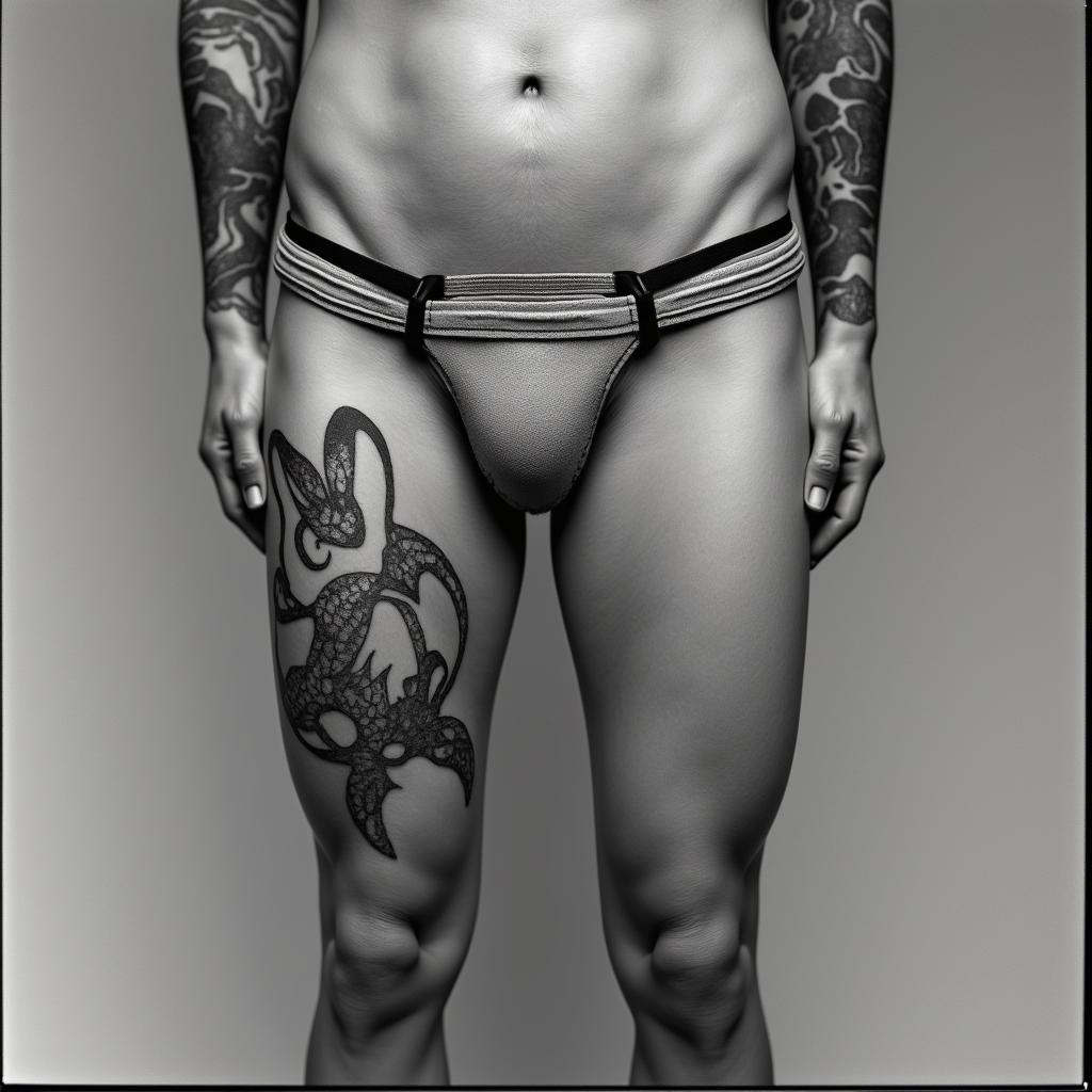 anthropomorphic bunny, standing up with Harness onhigly detailed tattoo - Variation 8