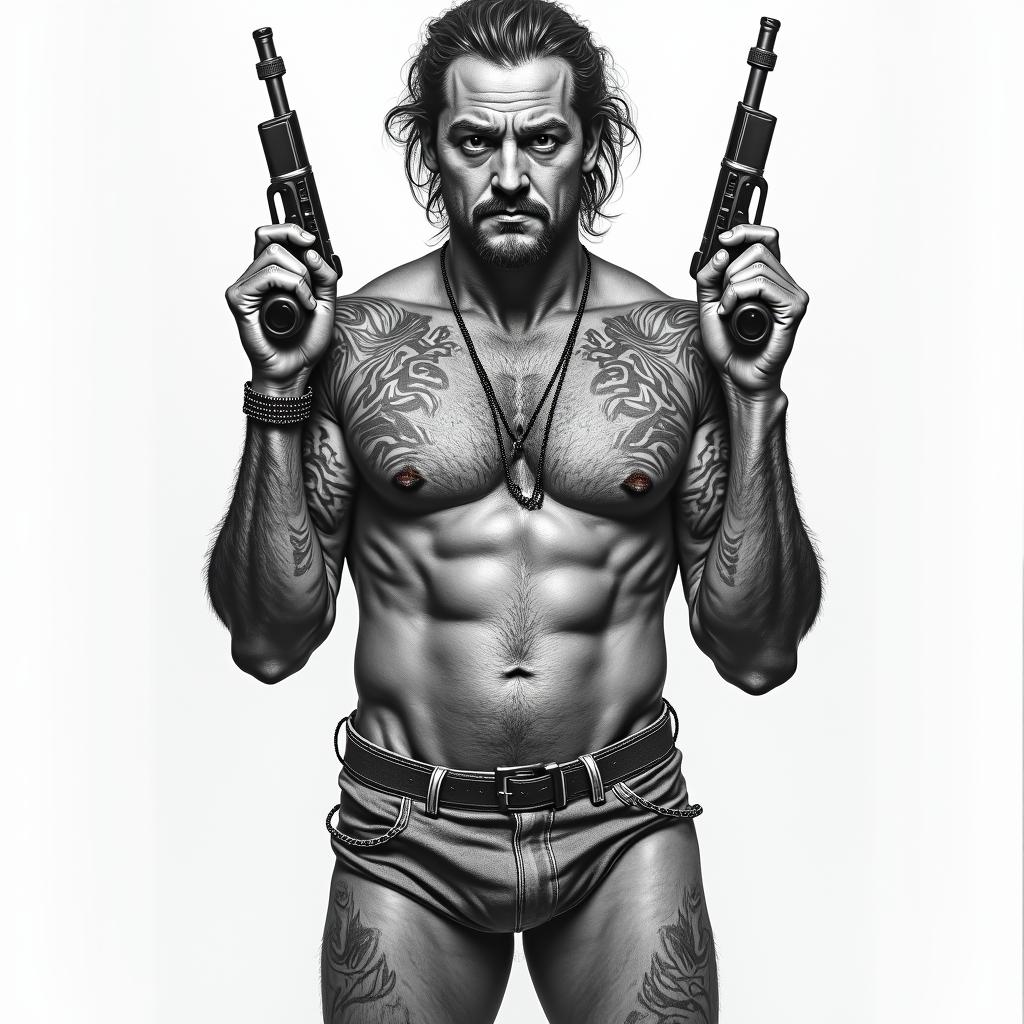 A full body of Australias most famous criminals with guns and drugs and money and naked
 girlshigly detailed tattoo - Variation 2