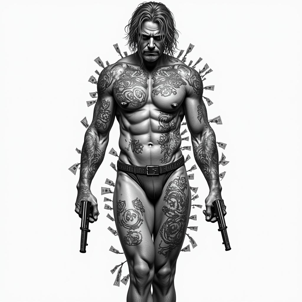 A full body of Australias most famous criminals with guns and drugs and money and naked
 girlshigly detailed tattoo