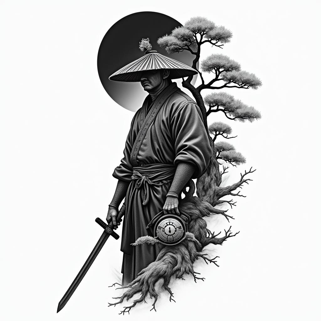 I want this tattoo but to be half of my back on my lift side of a combination of a samurai solider with a sword in this hand with a hat covering half of his face with a bonsai tree behind with with a temple & a moon in the black on the top but inside of the moon I want a clock that reads 6:25 amhigly detailed tattoo - Variation 2