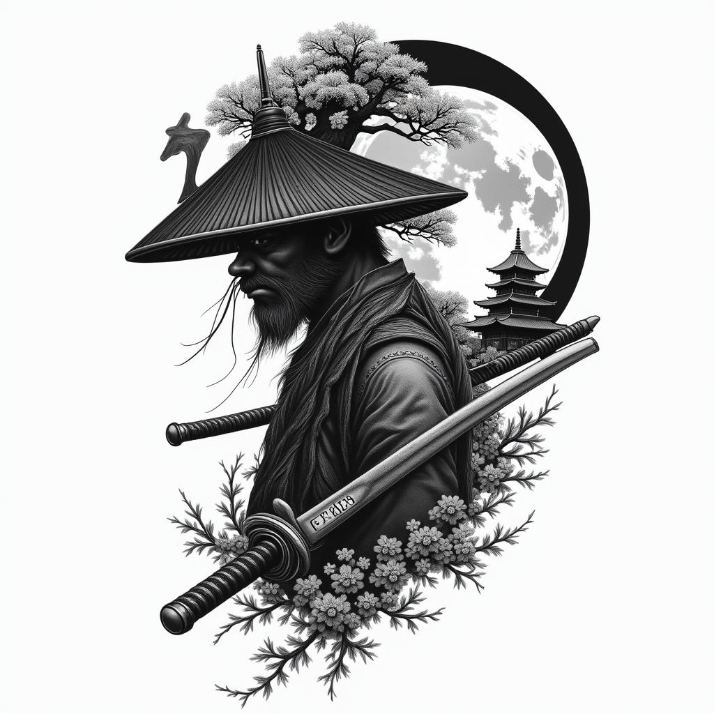 I want this tattoo but to be half of my back on my lift side of a combination of a samurai solider with a sword in this hand with a hat covering half of his face with a bonsai tree behind with with a temple & a moon in the black on the top but inside of the moon I want a clock that reads 6:25 amhigly detailed tattoo - Variation 3