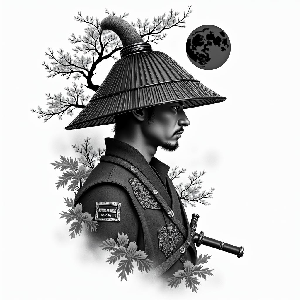 I want this tattoo but to be half of my back on my lift side of a combination of a samurai solider with a sword in this hand with a hat covering half of his face with a bonsai tree behind with with a temple & a moon in the black on the top but inside of the moon I want a clock that reads 6:25 amhigly detailed tattoo - Variation 4