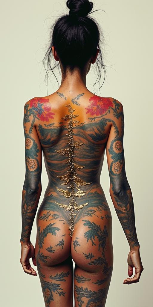 Collage tug of war, a road, hope, struggle half way of debris, paraphernalia. a pot of gold at the end of the road along back spinehigly detailed tattoo - Variation 4