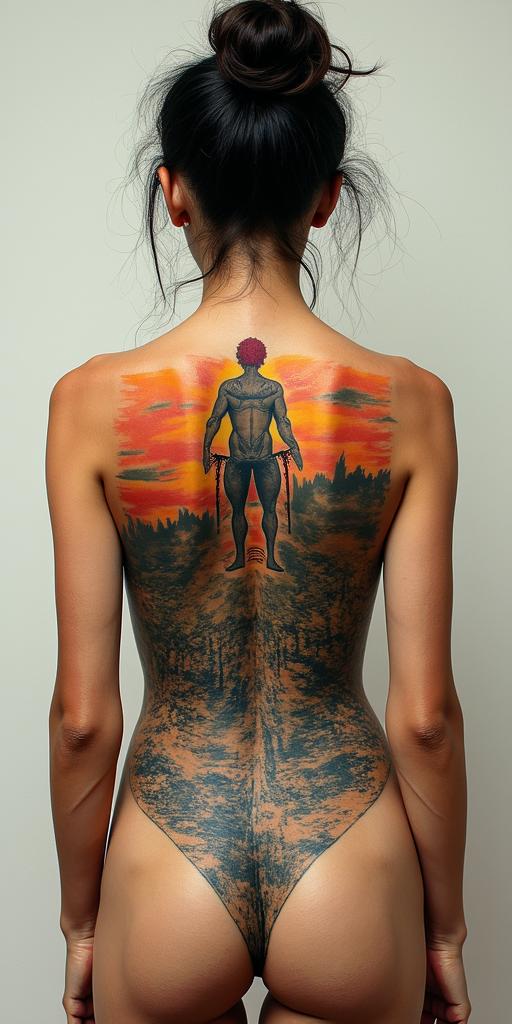 Collage tug of war, a road, hope, struggle half way of debris, paraphernalia. a pot of gold at the end of the road along back spinehigly detailed tattoo - Variation 3
