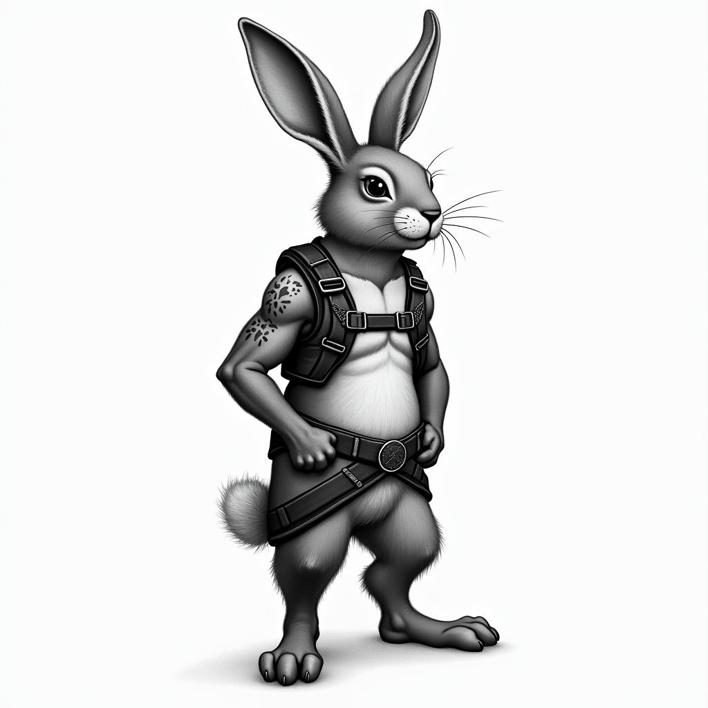 anthropomorphic bunny, standing up with Harness onhigly detailed tattoo - Variation 3