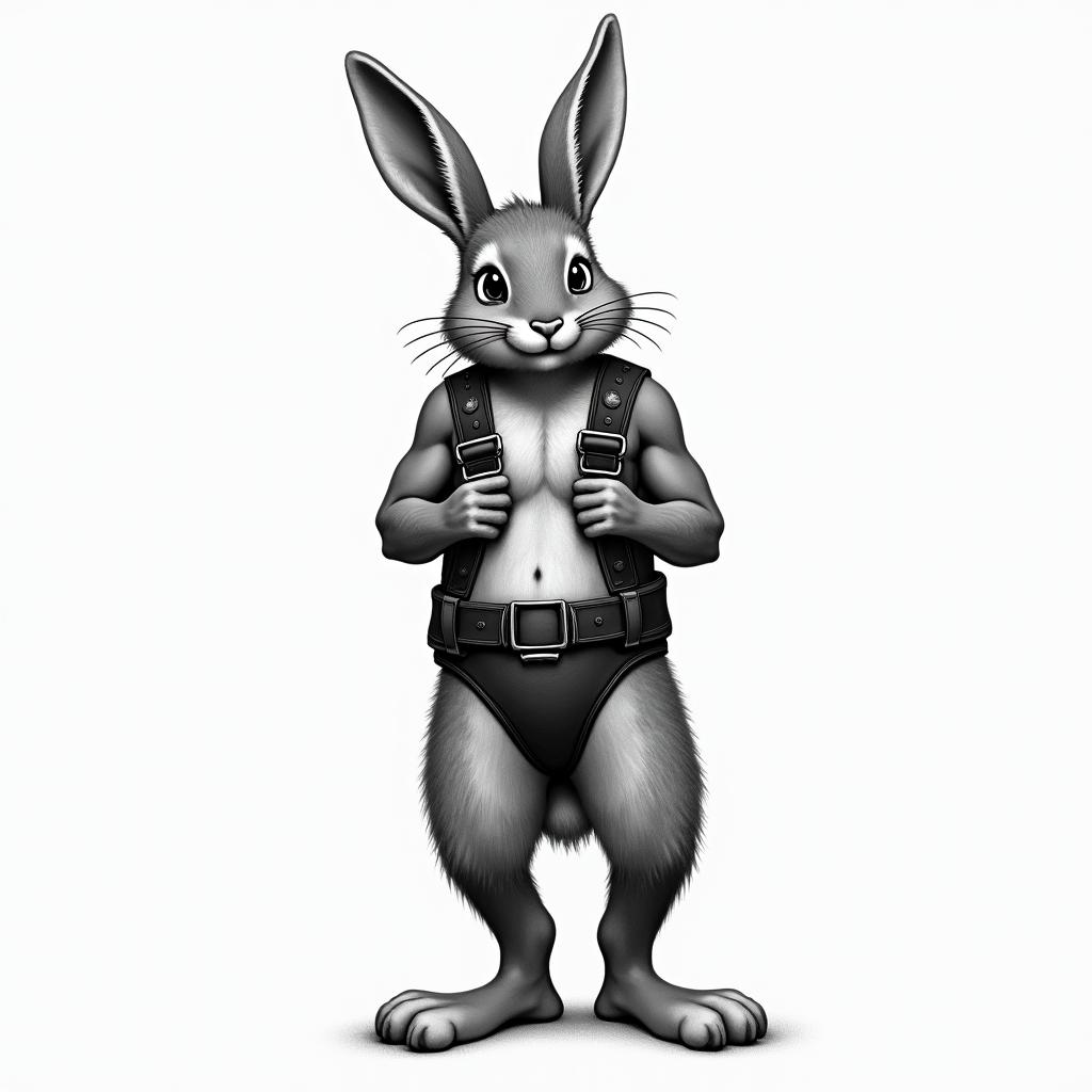 anthropomorphic bunny, standing up with Harness onhigly detailed tattoo - Variation 2
