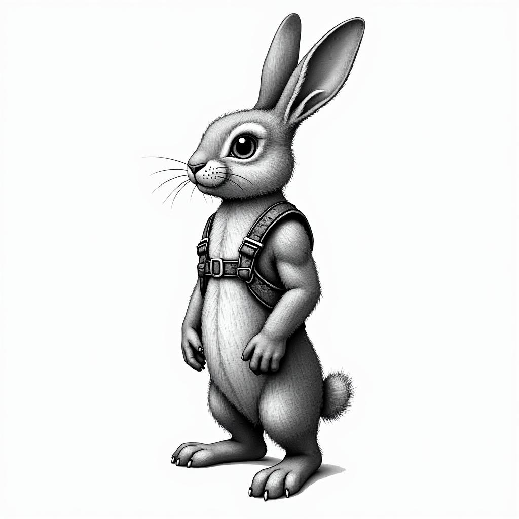 anthropomorphic bunny, standing up with Harness onhigly detailed tattoo - Variation 4