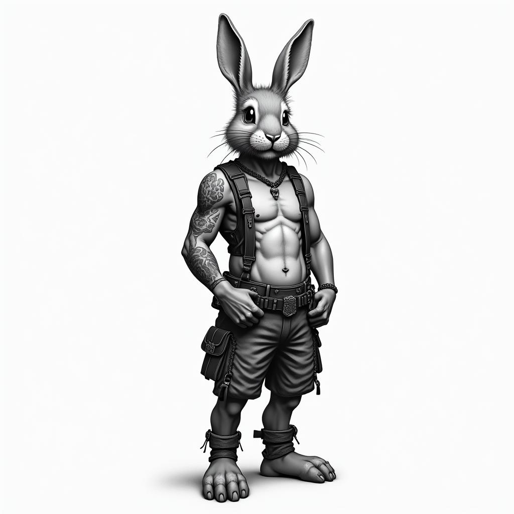 anthropomorphic bunny, standing up with Harness onhigly detailed tattoo