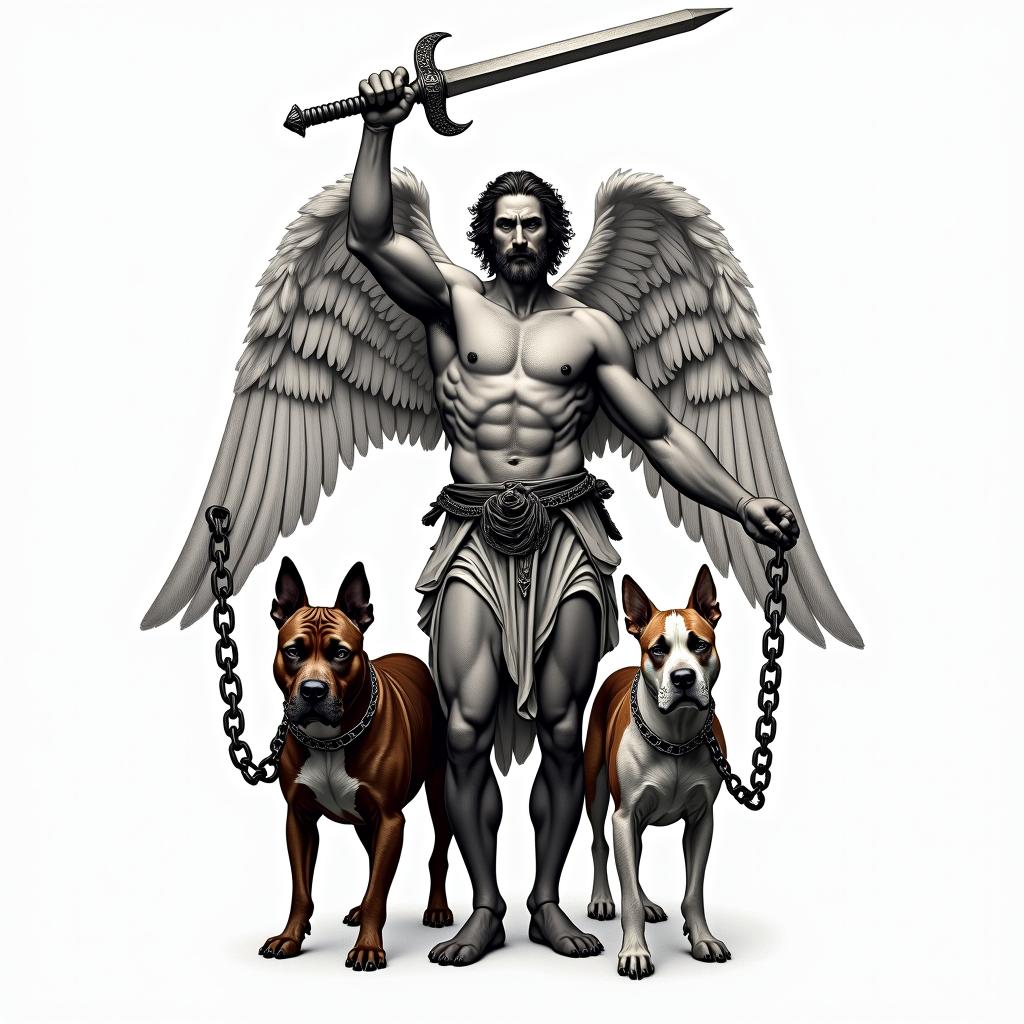 Archangel Michael depicted in a new age tattoo art style, holding his sword above his head with one hand, representing determination and strength. In the other hand, he holds chains leashing two pitbulls as his protectors. One pitbull is brown with a black brindle pattern, while the other has a mostly white body and a white head with some brown markings on its back. The design incorporates elements that symbolize protection and loyalty.higly detailed tattoo - Variation 3