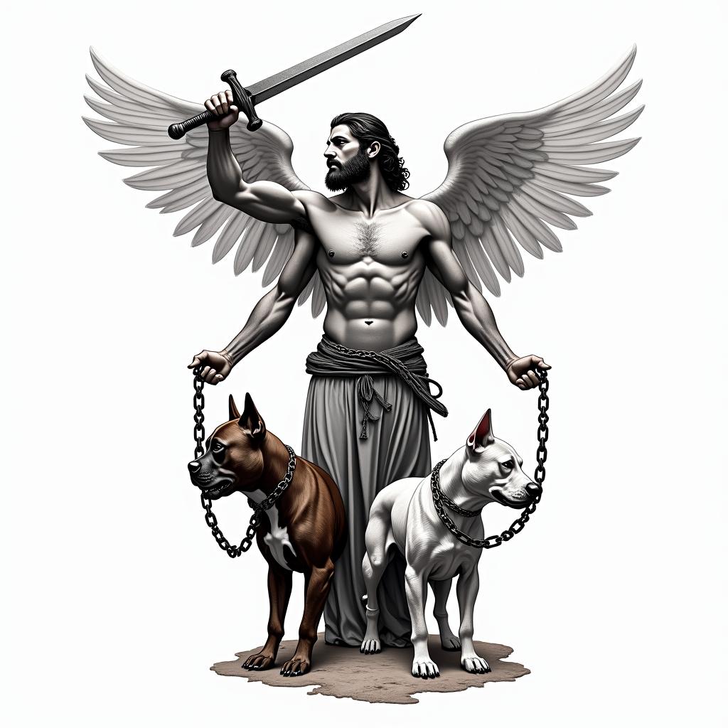 Archangel Michael depicted in a new age tattoo art style, holding his sword above his head with one hand, representing determination and strength. In the other hand, he holds chains leashing two pitbulls as his protectors. One pitbull is brown with a black brindle pattern, while the other has a mostly white body and a white head with some brown markings on its back. The design incorporates elements that symbolize protection and loyalty.higly detailed tattoo - Variation 2