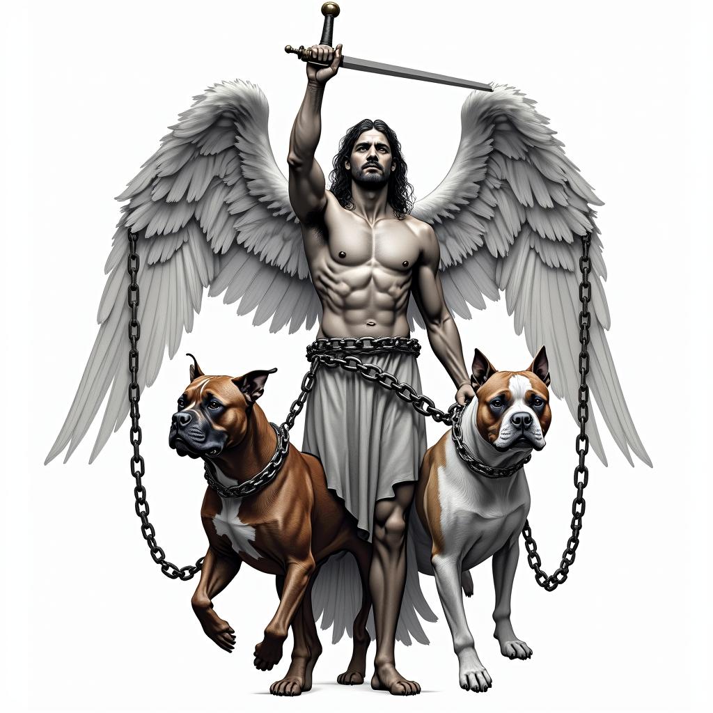 Archangel Michael depicted in a new age tattoo art style, holding his sword above his head with one hand, representing determination and strength. In the other hand, he holds chains leashing two pitbulls as his protectors. One pitbull is brown with a black brindle pattern, while the other has a mostly white body and a white head with some brown markings on its back. The design incorporates elements that symbolize protection and loyalty.higly detailed tattoo - Variation 4