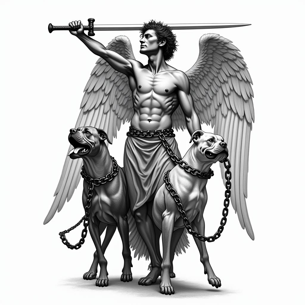 Archangel Michael depicted in a new age tattoo art style, holding his sword above his head with one hand, representing determination and strength. In the other hand, he holds chains leashing two pitbulls as his protectors. One pitbull is brown with a black brindle pattern, while the other has a mostly white body and a white head with some brown markings on its back. The design incorporates elements that symbolize protection and loyalty.higly detailed tattoo
