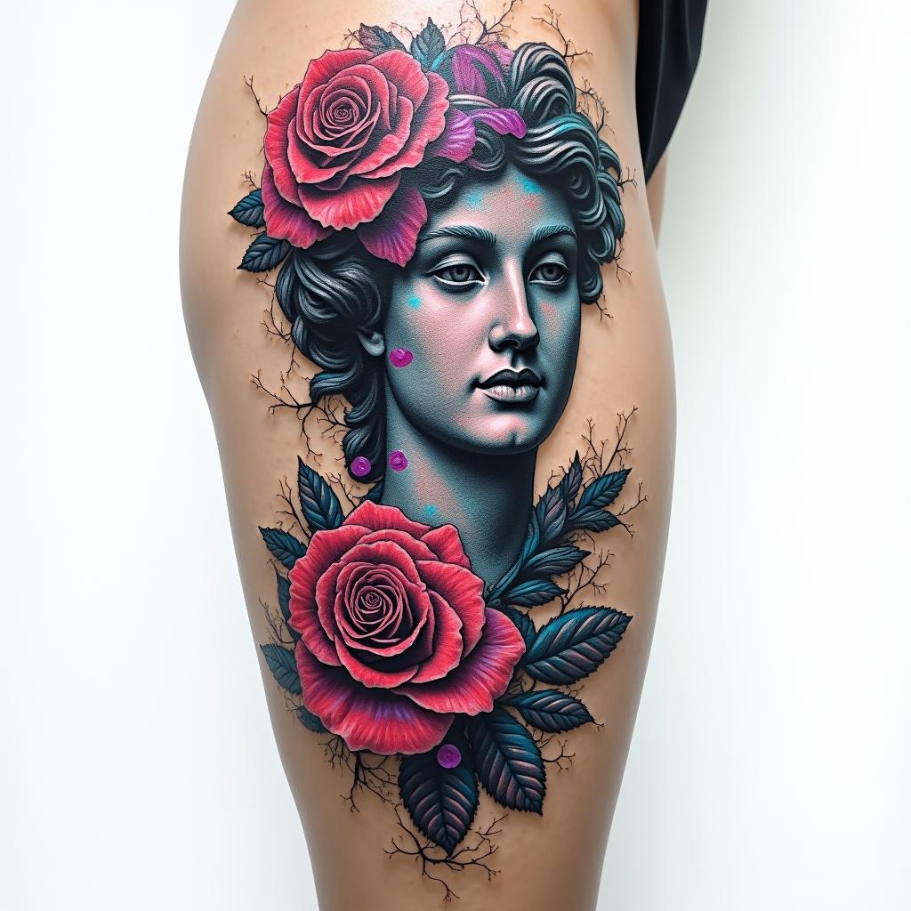 Thigh tattoo rose and thorn in the shape of G but in secretin distorted and fragmented tattoo design, featuring a classical statue bust, in a glitch art style with vibrant, overlapping colors of cyan, magenta, and yellow, creating a digital distortion effect - Variation 2