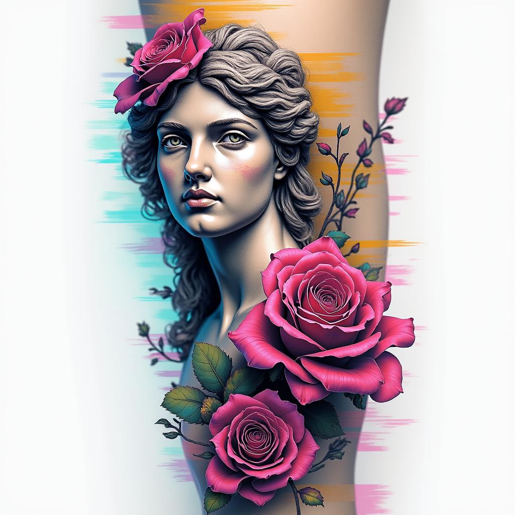 Thigh tattoo rose and thorn in the shape of G but in secretin distorted and fragmented tattoo design, featuring a classical statue bust, in a glitch art style with vibrant, overlapping colors of cyan, magenta, and yellow, creating a digital distortion effect - Variation 4