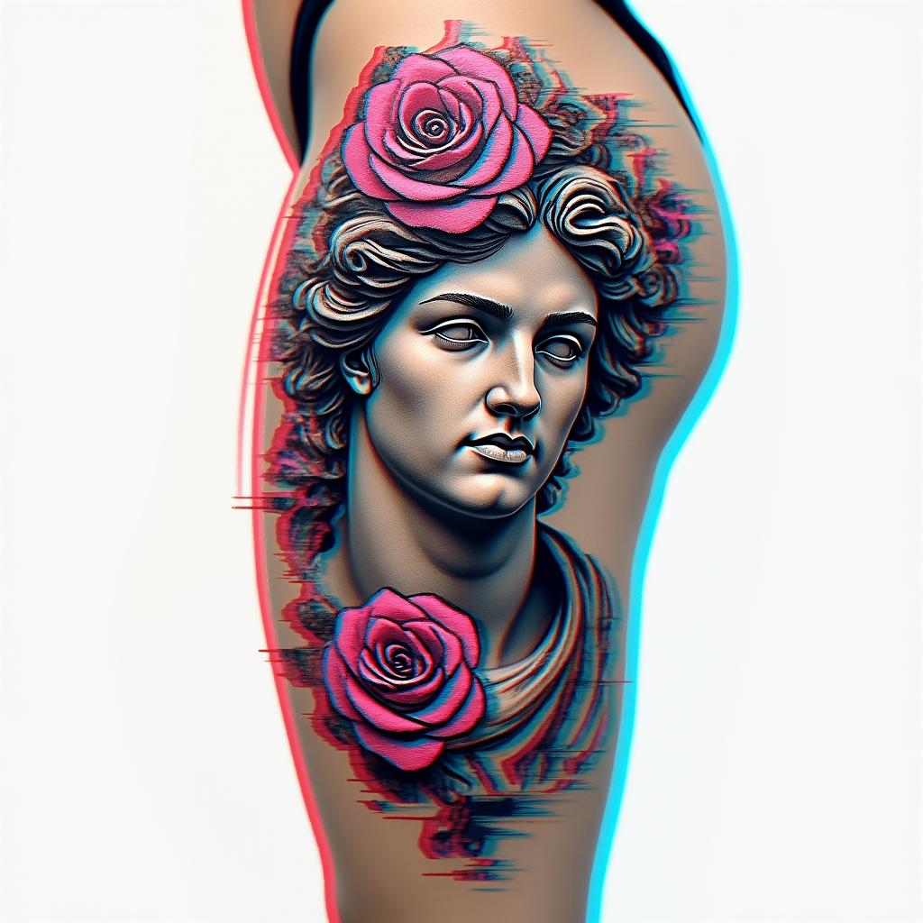 Thigh tattoo rose and thorn in the shape of G but in secretin distorted and fragmented tattoo design, featuring a classical statue bust, in a glitch art style with vibrant, overlapping colors of cyan, magenta, and yellow, creating a digital distortion effect - Variation 3