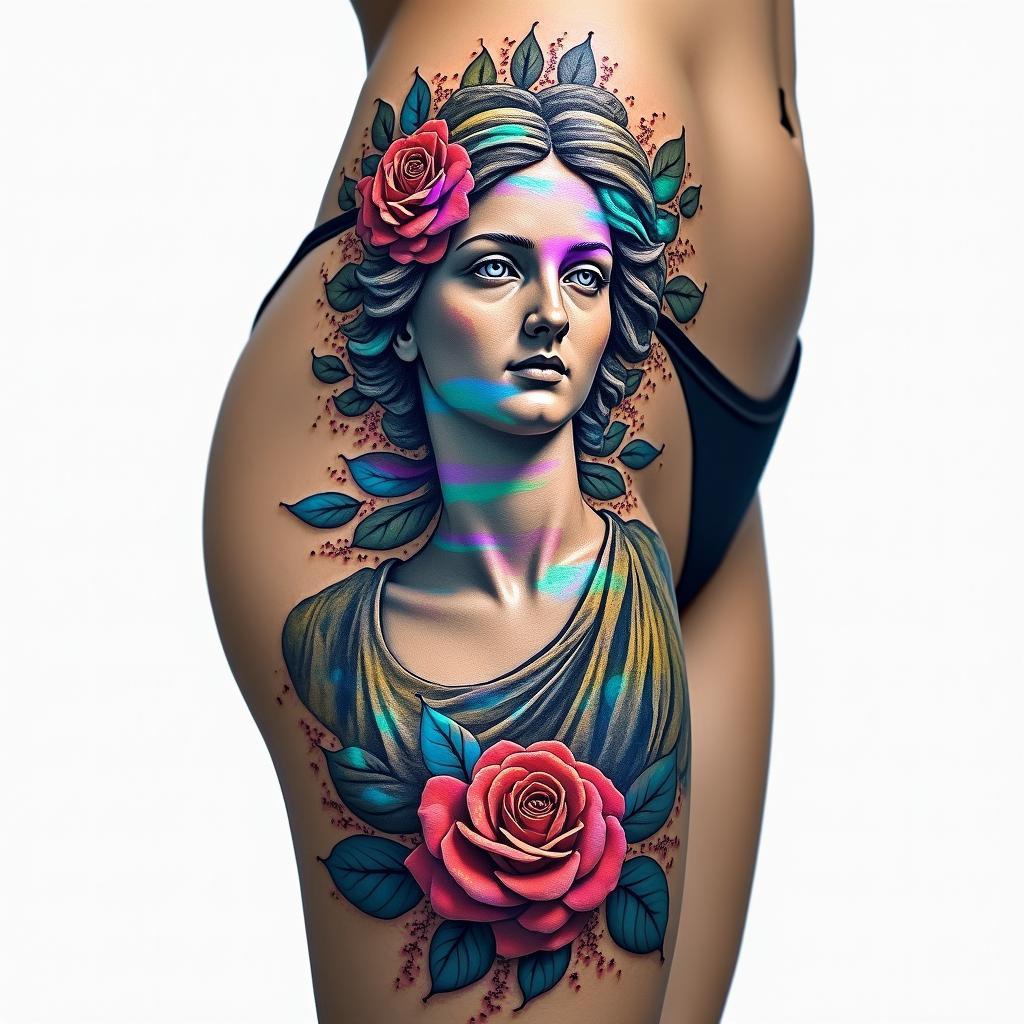 Thigh tattoo rose and thorn in the shape of G but in secretin distorted and fragmented tattoo design, featuring a classical statue bust, in a glitch art style with vibrant, overlapping colors of cyan, magenta, and yellow, creating a digital distortion effect