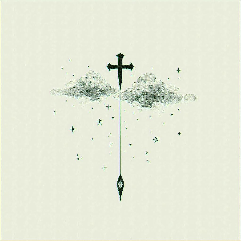 Pharos flying among cloudsin minimalist style tattoo, featuring simple shapes and fine lines, with minimal shading and details, tiny triangles, creating a sense of balance and harmony - Variation 4