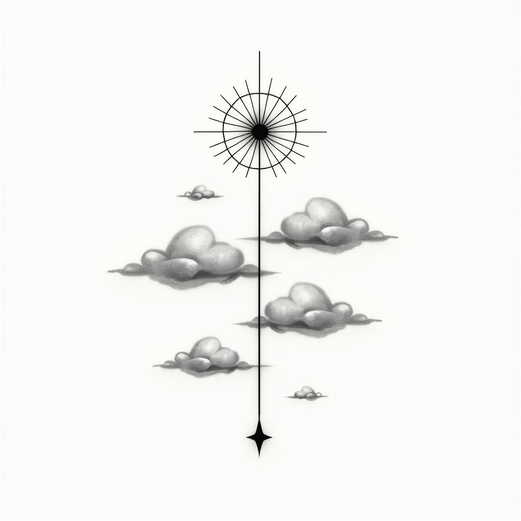 Pharos flying among cloudsin minimalist style tattoo, featuring simple shapes and fine lines, with minimal shading and details, tiny triangles, creating a sense of balance and harmony - Variation 2