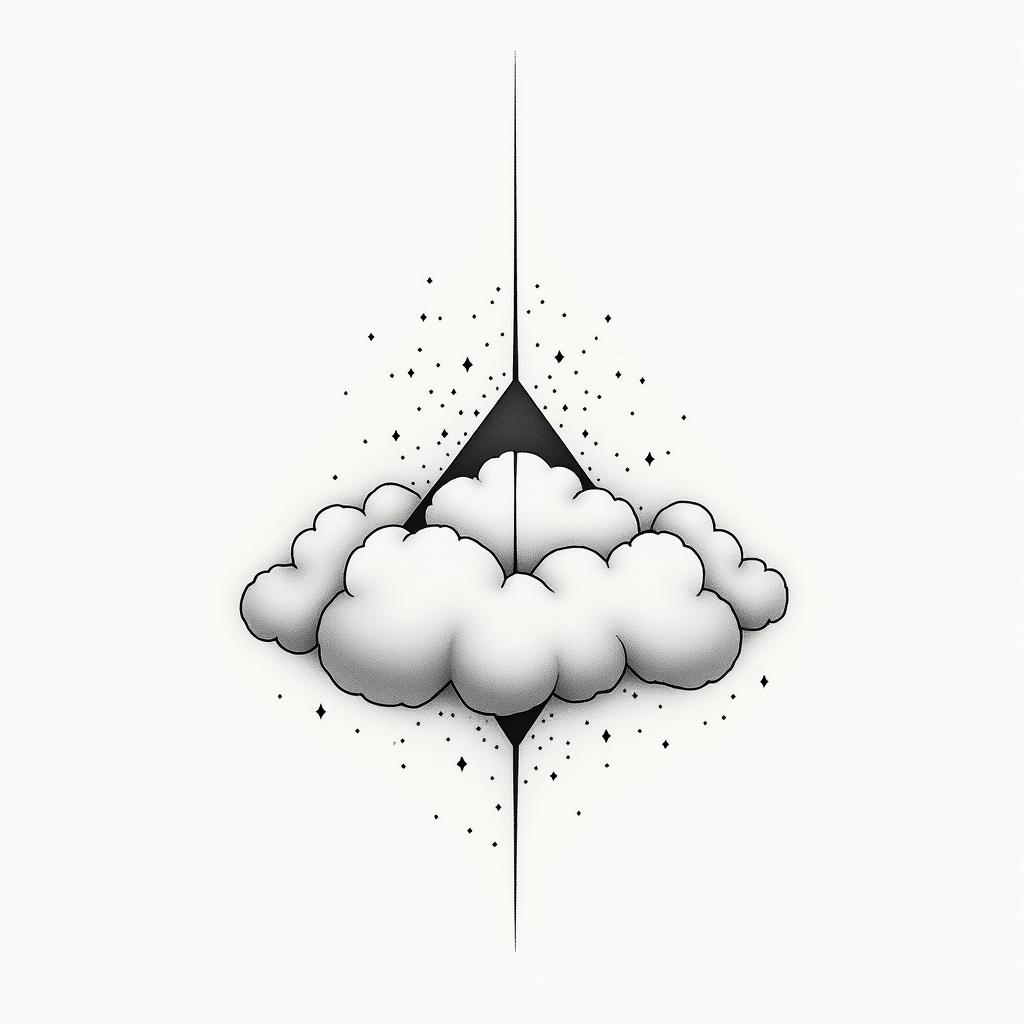Pharos flying among cloudsin minimalist style tattoo, featuring simple shapes and fine lines, with minimal shading and details, tiny triangles, creating a sense of balance and harmony