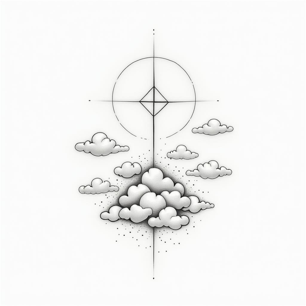 Pharos flying among cloudsin minimalist style tattoo, featuring simple shapes and fine lines, with minimal shading and details, tiny triangles, creating a sense of balance and harmony - Variation 3