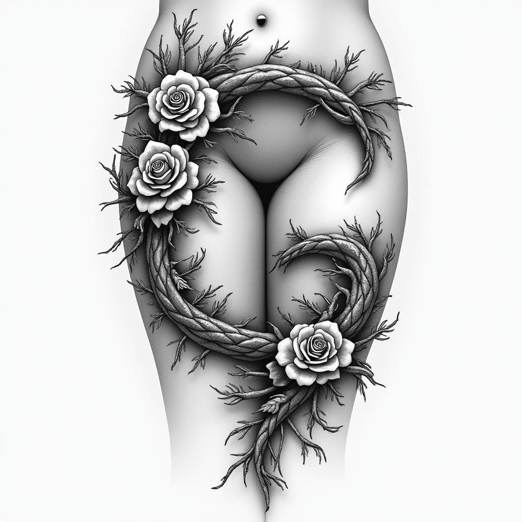 Thigh tattoo rose and thorn in the shape of G but in secretin japanese style tattoo, detailed tattoo, traditional japanese culture tattoo, mythology, 8k - Variation 4