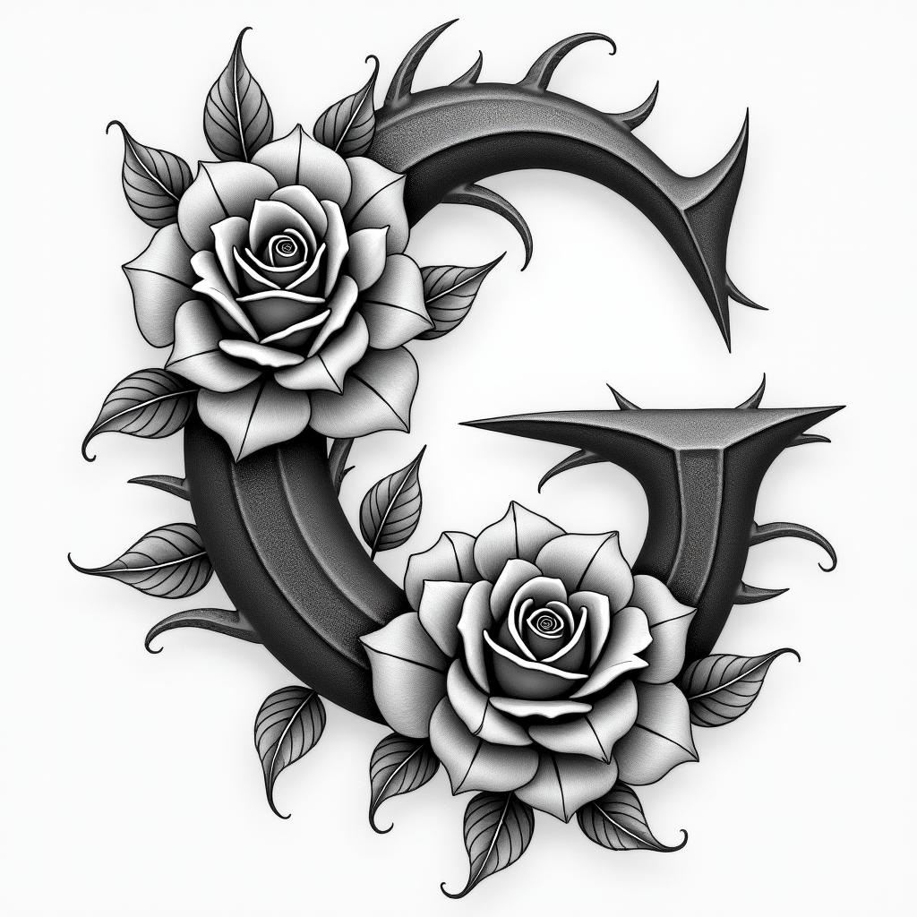 Thigh tattoo rose and thorn in the shape of G but in secretin japanese style tattoo, detailed tattoo, traditional japanese culture tattoo, mythology, 8k - Variation 2