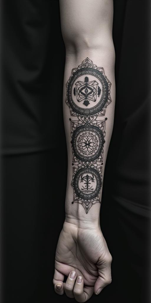 Yair Soto, Aries, Durango Mexico.in paganic style tattoo, featuring ancient symbols, add vegvisir symbol, mystical figures, incorporating designs, pentagrams, runes, crescent moons, - Variation 2