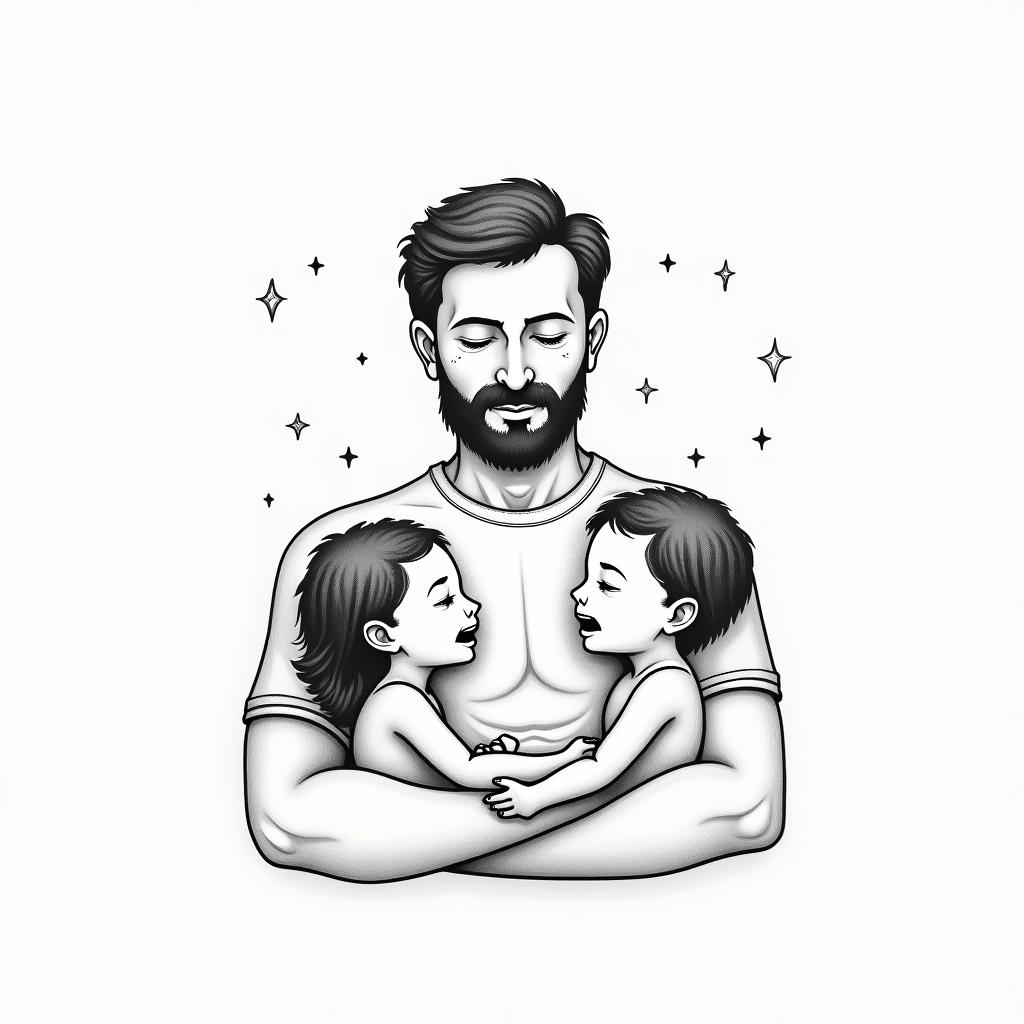 Father with childrenin minimalist style tattoo, featuring simple shapes and fine lines, with minimal shading and details, tiny triangles, creating a sense of balance and harmony